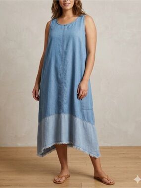 J. Jill Denim Tencel Two-Tone Sleeveless Midi Maxi Dress Raw Hem Blue / Large